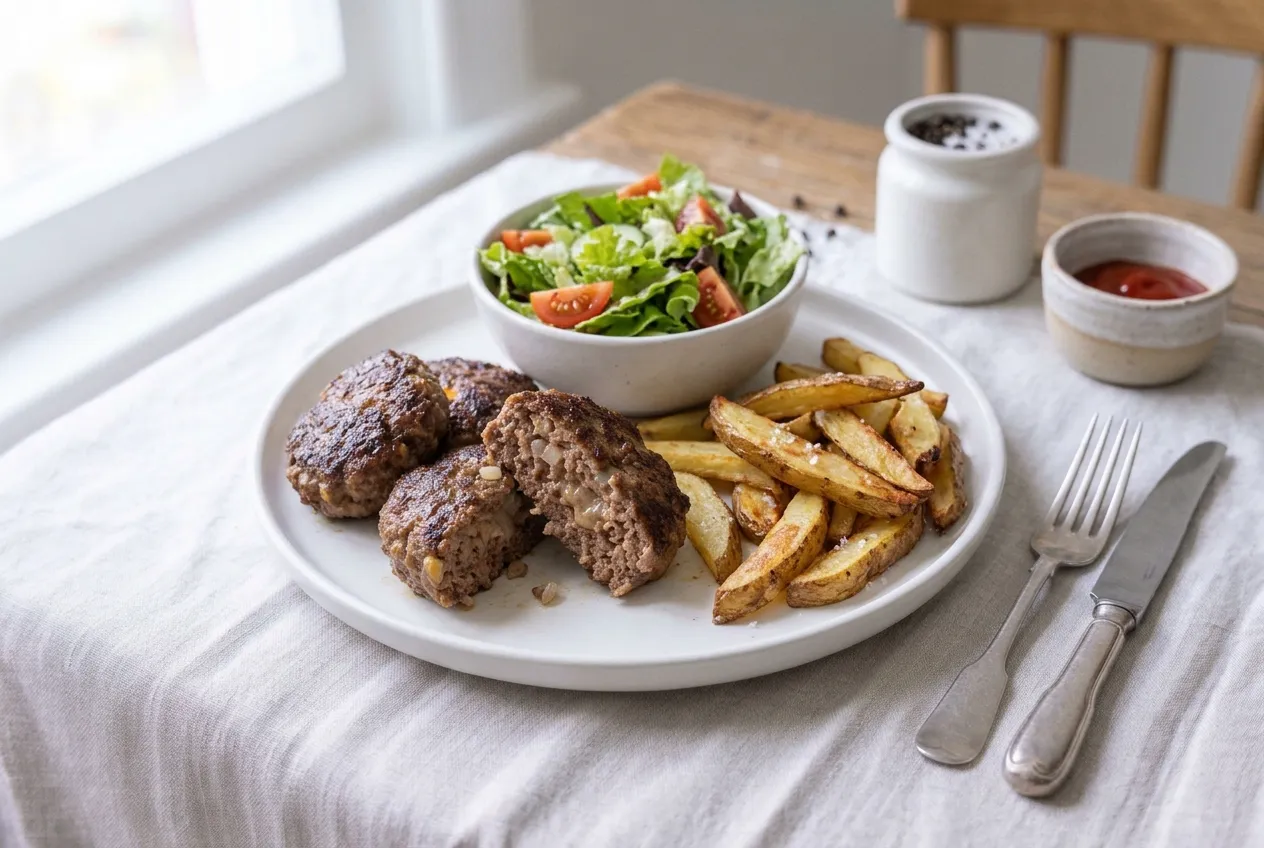 Baked Beef Patties with Fries