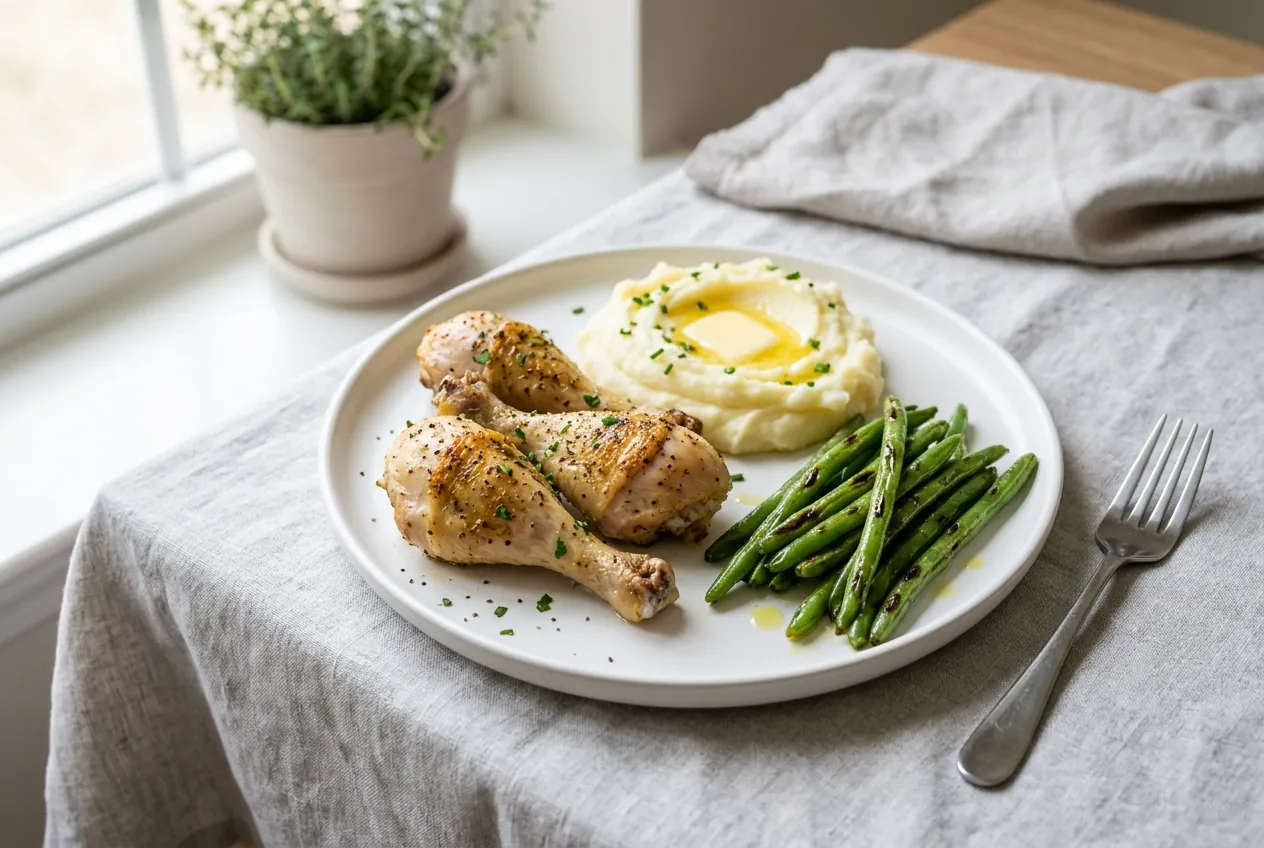 Baked Chicken Drumsticks with Mashed Potatoes and Green Beans