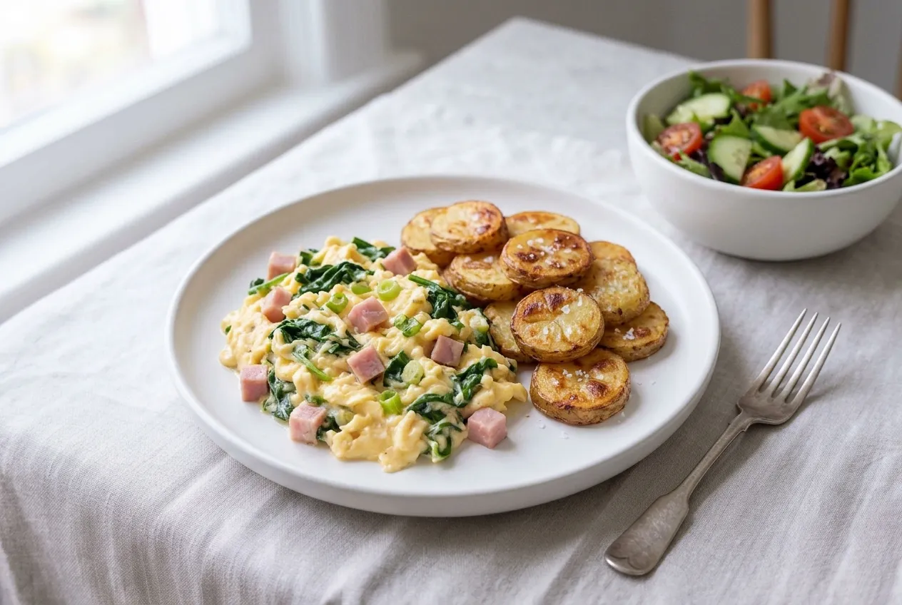Scrambled Eggs with Ham and Roasted Potatoes